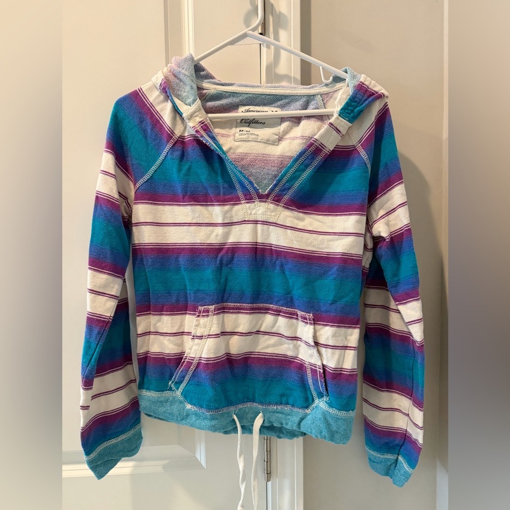 American Eagle Striped Hoodie with Blue and Purple Accents Women's Medium